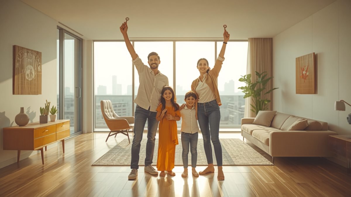 Family celebrating their new home